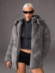 CasuGlow Áo khoác mùa đông chi tiết lông giả màu trơn cho nữ - Xám - Xem 1