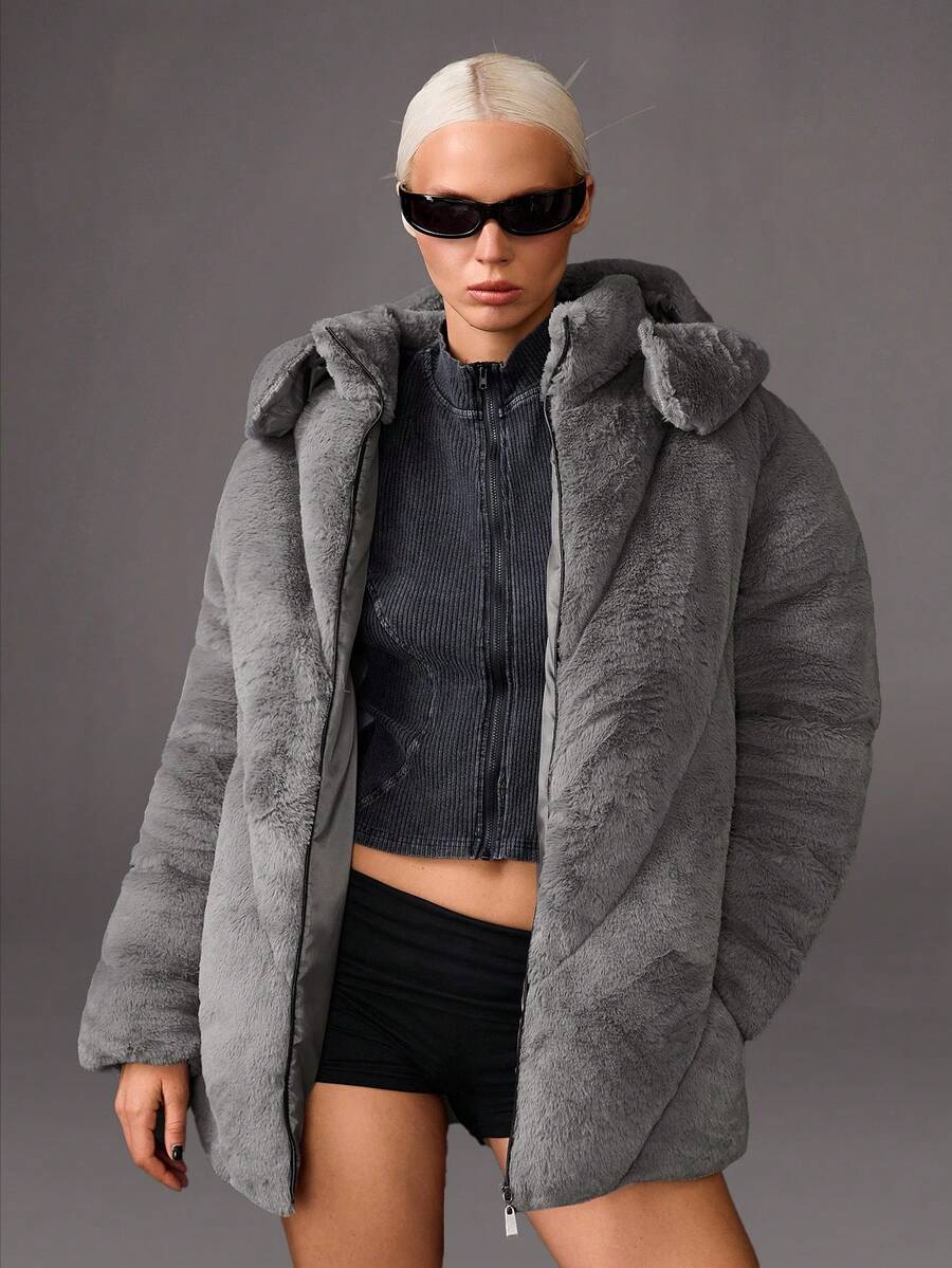 CasuGlow Áo khoác mùa đông chi tiết lông giả màu trơn cho nữ - Xám - Xem 1