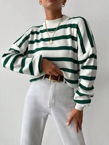 SHEIN Cottnline Plus Size Women Casual Corset Baggy Traditional Solid Color Round Neck Blue White Stripe Sweater Long Sleeve Top Formal Vacation Fall Evening - White - View 3