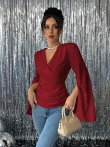 Chiquease Women's V-Neck Long Sleeve Casual Ruched Waist Blouse - Burgundy - View 5