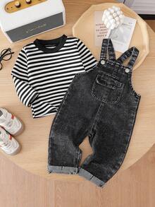 SHEIN Vintaside Kids 男婴秋冬新款两件套：条纹长袖 T 恤 + 牛仔背带裤，休闲复古时尚装扮，时尚婴儿服装，适合外出和返校