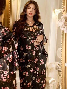 LuxeNights Floral Print Faux Silk Lapel Collar Long Sleeve Pajama Set For Plus Size Women, Fall Clothes