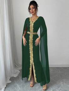 Rafferiza Women Embroidered Gold Braided Waistband V-Neck Cinched Waist Slit Sleeve Bodycon Dress Fall Cloth For Women