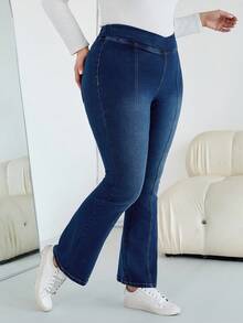 SHEIN CURVE+ 女士加大码深蓝色秋冬高弹力抓绒喇叭牛仔裤，万圣节服装，乡村风格女装，时尚秋季 - 深色水洗藍 - 查看 3