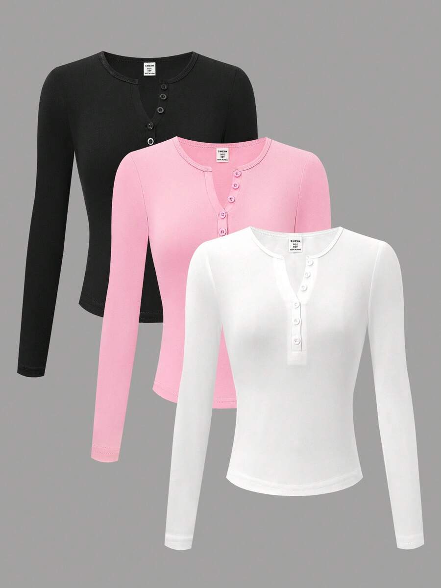 Girls V-Neck Button Long Sleeve T-Shirt, Korean Style Slim Fit Casual Tee, Spring/Autumn Fall Winter - Multicolor - View 1