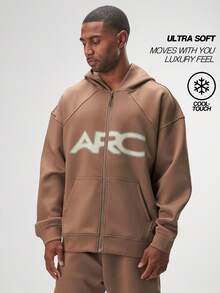 男士休闲宽松拉链连帽衫，长袖上衣 - 棕色 - 查看 4