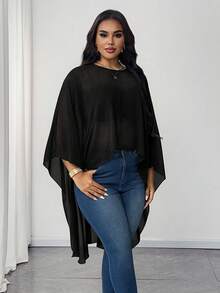 Maweii Plus Size Elegant Commuter Solid Color Asymmetric Hem Cape Blouse - Black - View 6