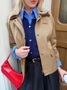 SHEIN Unity Áo khoác gió ngắn tay dài cho nữ, kiểu dáng retro sinh viên, cổ điển, Anh Quốc, trang phục thường ngày thoải mái, nhẹ nhàng, thể thao, du lịch, sân bay, mùa thu - màu nâu - Xem 5