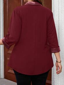 EMERY ROSE Plus Size Women's Casual Personalized Patchwork Leather Jacket, Spring/Autumn - Burgundy - View 2