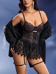 女士透视蕾丝系带内衣紧身衣 - 黑色 - 查看 1