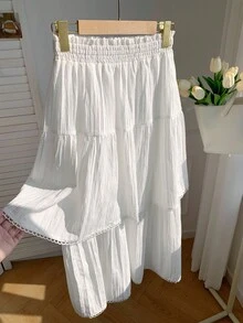 Comfortcana Falda evasé para mujer con cintura elástica y dobladillo con volantes, de tela tejida blanca - Blanco - Ver 3