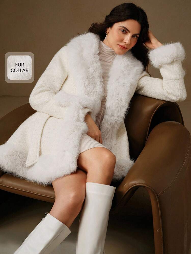 中丈ベルト付きファーカラージャケット、秋冬に最適、外出、エレガント、フォーマル、パーティー、シック、新年、レディースウインターコート、クリスマス、仕事、卒業式、結婚式、高級