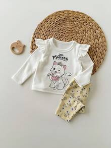 SHEIN 2pcs Newborn Baby Girl Outfit, Long Sleeve Knit White Ruffle Cute Cartoon Kitty Top And Pink Star Print Leggings Set, Suitable For Party, Home And Other Occasions Fall Winter - Yellow - View 7