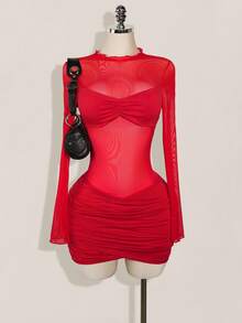 SHEIN ICON 女式纯色网眼拼布透明褶饰长袖迷你连衣裙 - 紅色 - 查看 5