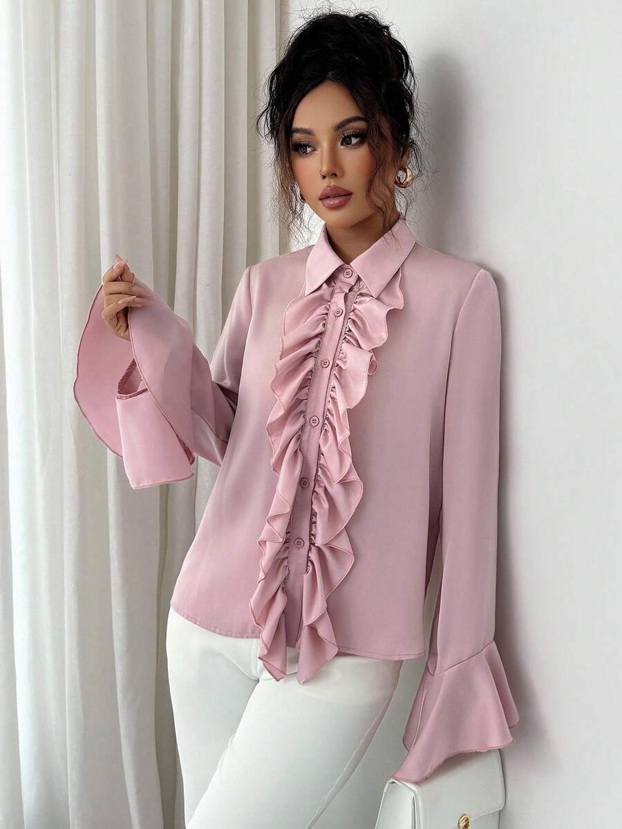 SHEIN Clasi Elegant Solid Color Blouse With Ruffle Collar And Bell ...