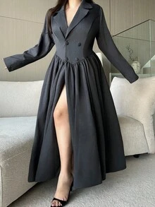 Flirla Plus Size Women Casual Cinched Waist Gray Long Sleeve Jacket