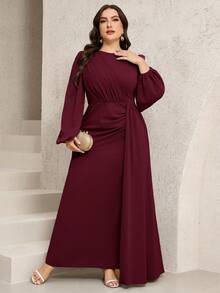 Veilorie Vestido de fiesta elegante de talla grande de unicolor con mangas farol - Burdeos - Ver 4