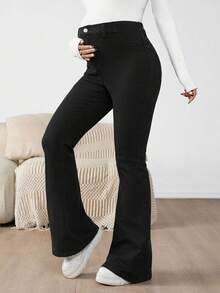 SHEIN 孕妇装 秋季 秋季 冬季 万圣节 圣诞节 新年 2000 年代 旅行、通勤、派对、度假、老钱风格、宴会、优雅、约会 商务休闲女装 乡村复古朴素老钱商务休闲女装 工作服 女士教师服装 教堂服装 女士高腰喇叭裤休闲百搭黑色牛仔裤 女士高腰喇叭裤黑色牛仔裤，纽扣开合，打造时尚造型 - 黑色 - 查看 3