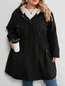 SHEIN CURVE+ 大码女装/秋季服装/秋季女装/冬季女装/冬季女装大码女式长袖前袋休闲宽松连帽抓绒冬装外套大码夹克8XL女装6XL加大码女装5XL加大码女装大码女装 - 黑色 - 查看 5