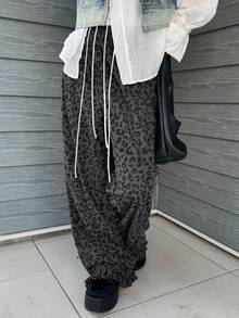 FRIFUL 女式宽松豹纹荷叶边下摆长裤，秋季 - 灰色 - 查看 2