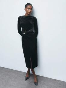 Maija Women's Elegant Long Sleeve Ruched Split Midi Dress, Autumn Black High Slit Dress Split Dress Wrap Dress,Black Dresses For Women,Black Dress ,Elegant Dresses For Women, Elegant Evening Dresses, New Year Outfit , Halloween Costumes , Autumn Outfits For Women, Women's Winter Clothes - Black - View 2