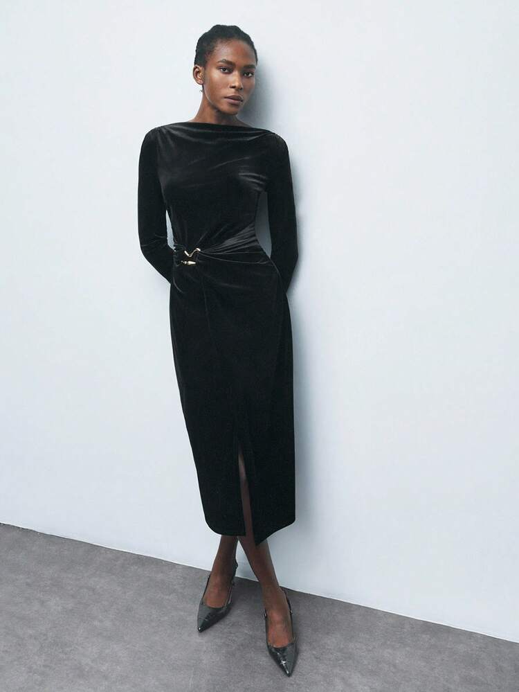 SHEIN Maija Women's Elegant Long Sleeve Ruched Split Midi Dress, Autumn Black High Slit Dress Split Dress Wrap Dress,Black Dresses For Women,Black Dress ,Elegant Dresses For Women, Elegant Evening Dresses, New Year Outfit , Halloween Costumes , Autumn Outfits For Women, Women's Winter Clothes