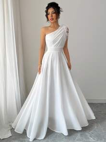 Váy không tay cổ lệch màu trơn kiểu Pháp cổ điển - trắng - Xem 7