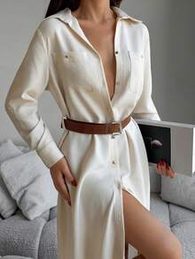 EURMUSE Linen Look, Pocket Details, Long Shirt Dresses - White - View 1