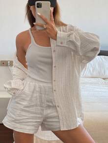 Livesso Casual Vintage Coin Loose Striped Long Sleeve Women Shirt, Spring/Summer - Apricot - View 3