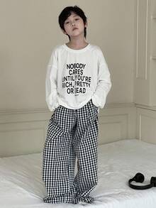 DAZY 青少年男孩标语印花长袖上衣和格子裤睡衣套装 - 黑與白 - 查看 2