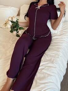 SHEIN Bộ 2 món áo sơ mi lụa sữa tay ngắn và quần dài cổ chữ V màu tím, thiết kế ngắn trước dài sau, kiểu dáng tối giản, thoải mái cho nữ, Côtesoire - Màu tím - Xem 6