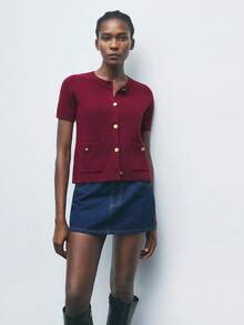 Maija Women's Metal Button Decor Short Sleeve Knit Cardigan, Urban Commute Business Casual Basic Top, Elegant Office, Party & Gathering Wear, Autumn/Winter - Burgundy - View 6