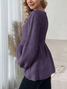 SHEIN Maternity Casual Solid Color Lantern Sleeve Sweater, Autumn/Winter - Purple - View 2