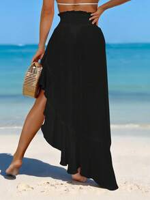 Swim Vcay Springbreak Women Shirred Waist Lotus Leaf Hem Sheer Beach Maxi Dress With Slit For Summer Beach Vacation - Black - View 2