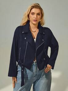SHEIN Essnce Plus Size Casual Versatile Suede Biker Jacket, Autumn/Winter - Navy Blue - View 2