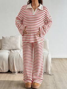 SHEIN 2 件孕妇休闲条纹上衣和裤子套装，秋季孕妇裤套装条纹孕妇套装 2 件孕妇装孕妇家居服套装孕妇条纹两件套 - 紅白色 - 查看 5