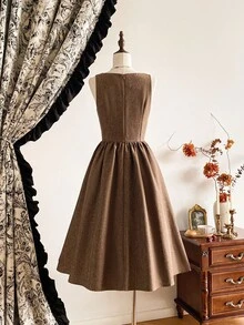 Vintamour Váy nữ thanh lịch cổ điển có túi, cài nút kim loại, váy đi nghỉ thường ngày mùa thu - màu nâu - Xem 9