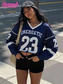 SHEIN Explorewe Teen Girl Casual Comfortable V-Neck Short Fleece Sweatshirt With Letter Print, Suitable For Street Wear In Autumn/Winter