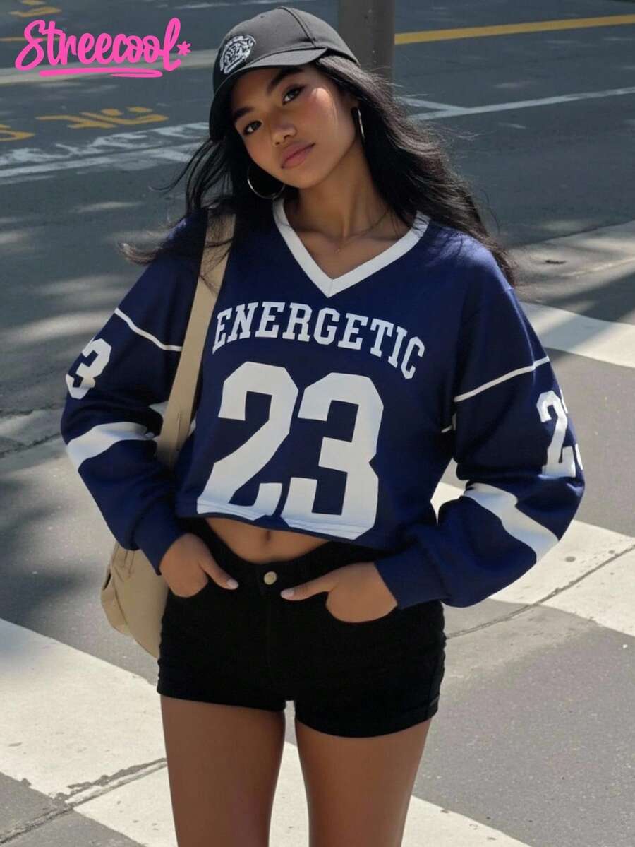 SHEIN Explorewe Teen Girl Casual Comfortable V-Neck Short Fleece Sweatshirt With Letter Print, Suitable For Street Wear In Autumn/Winter