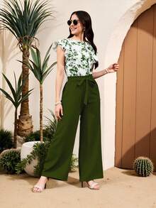SHEIN 2pcs/Set Teen Girl All Over Printed Round Neck Cap Sleeve Ruffle Trim Top And Trousers - Army Green - View 5