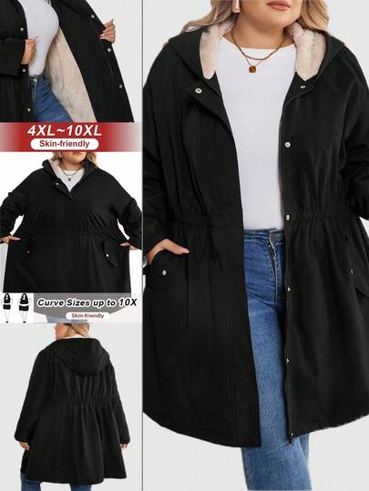 SHEIN CURVE+ Curve Plus Size/Höstkläder / Damkläder för hösten/Vinterkläder för kvinnor/Vinterkläder Plus Size Dam Långärmad Framficka Avslappnad Lös Huva Fleece Vinterkappa Plus Size Jacka 8xl Damkläder 6xl Plus Damkläder 5xl Plus Size Damkläder Curve Plus