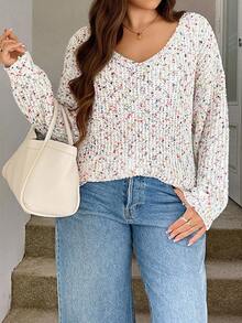 SHEIN LUNE Plus Size Polka Dot Crew Neck Sweater, Casual For Autumn/Winter Long Sleeve Sweater V-Neck Sweater Confetti Sweater Winter Clothes For Women Women's Winter Sweater Fall Clothes For Women  Office Outfits For Women,Suitable For Daily Wear, Holiday Elegant Outfits,Office Siren Style Outfits Christmas - Multicolor - View 7