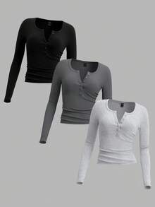 EMERY ROSE 3pcs/Set Kaos Rajut Lengan Panjang Kerah Bulat Kancing Depan Ukuran Besar untuk Wanita, Cocok untuk Musim Gugur/Musim Dingin - MultiWarna - View 1