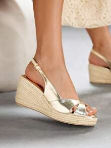 CUCCOO SZL Women's Fashion Gold Backless Rope Wedge Sandals, Suitable For Dates, Parties, Vacations, Bohemian Style