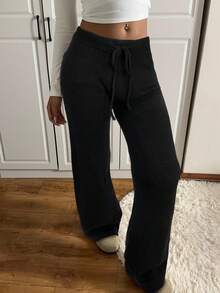 SHEIN EZwear Pantalones de punto casuales y sueltos con cordón en la cintura, unicolor, para otoño/invierno