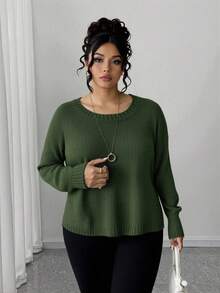 Elenzga Maglione oversize da donna in maglia a tinta unita, con spalle cadenti, orlo curvo e vestibilità ampia, maglione lavorato a maglia invernale autunnale - Verde - Visualizzare 5