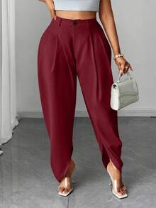 大码时尚褶裥杏色口袋长裤 - 酒紅色 - 查看 7