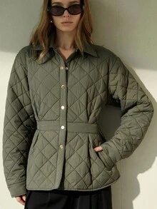 Aveloria Modichic Rhombus Pattern Padded Coat, Fashionable High-End Thick Padded Coat - Green - View 1