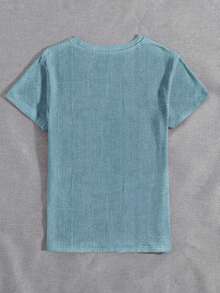 EMERY ROSE 女士艺术拼贴小狗印花圆领短袖休闲上衣，适合户外穿着 - 霧霾藍 - 查看 2