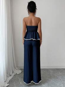 Elenzga Bộ 2 món đồ thời trang cho nữ áo bandeau và quần ống rộng - Màu xanh hải quân - Xem 2